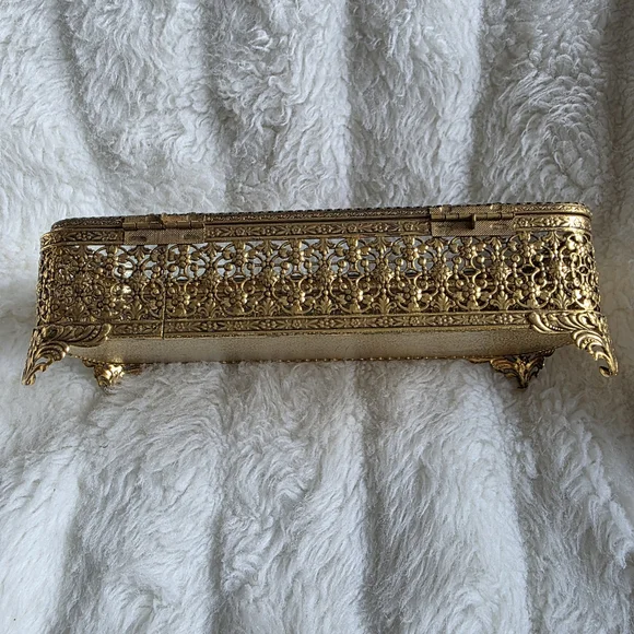 Vintage 24k Gold Plated Jewelry Box with Glass Cover.